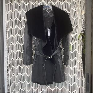 Leather and faux fur trench coat
